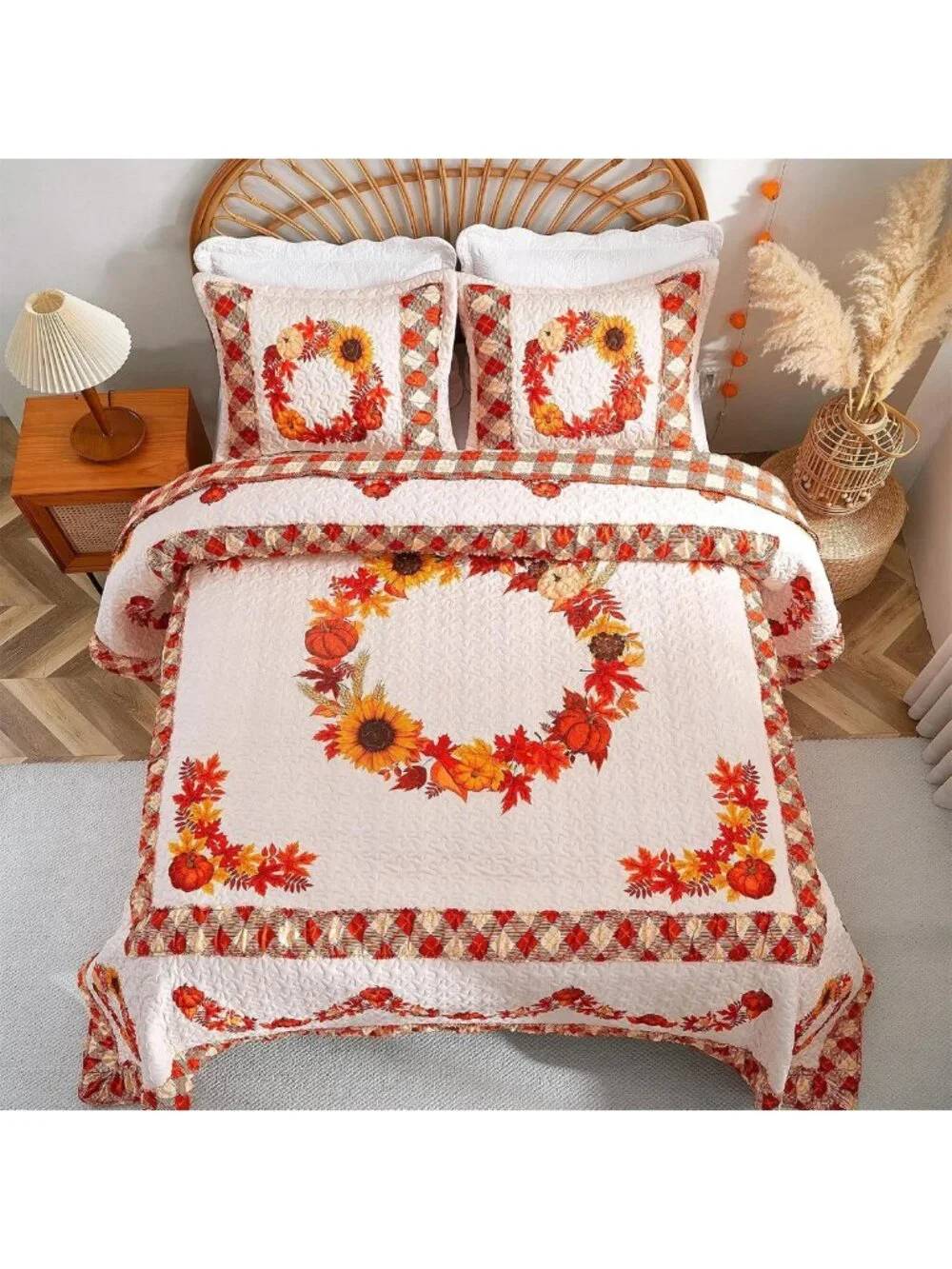 King Size Halloween Quilt Set - Reversible Orange Pumpkin Bedding for Fall Decor